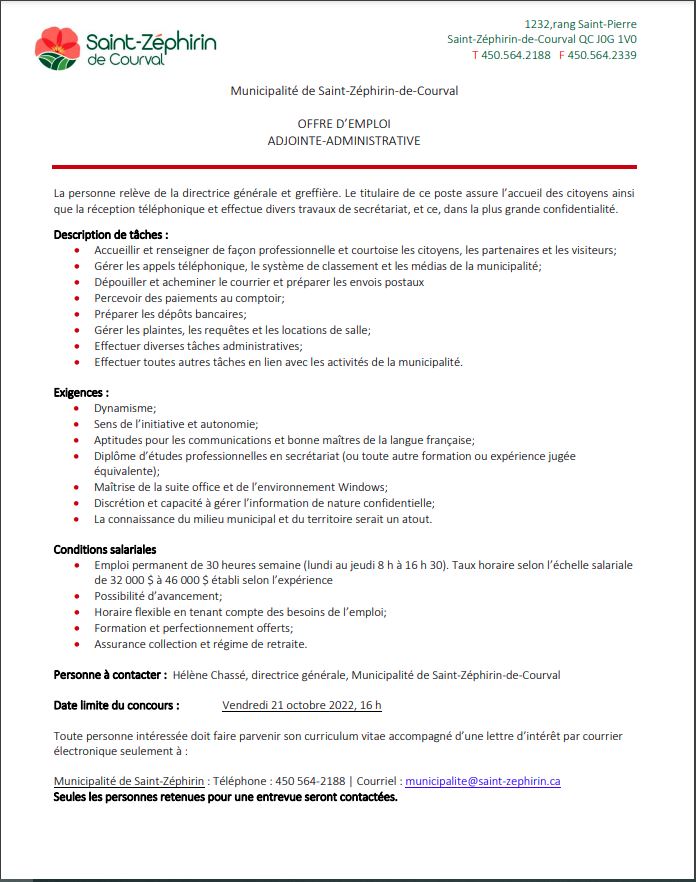 Offre d'emploi-adjointe administrative-2022