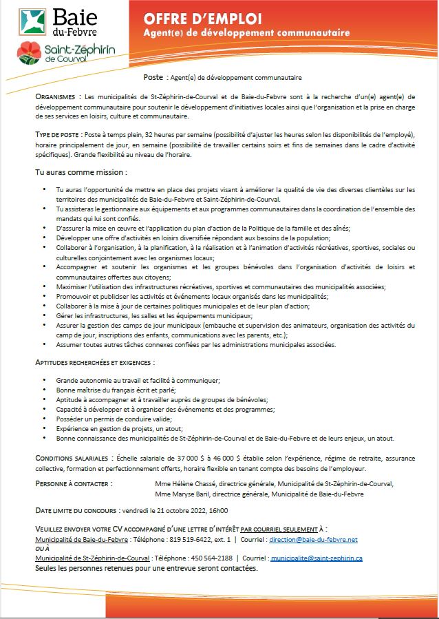 Offre d'emploi-agent de développement communautaire